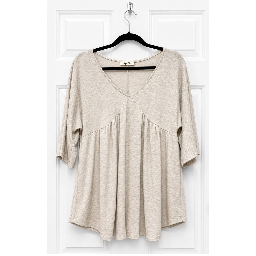 KyeMi Women Oatmeal Heather Babydoll Tunic Top V-Neck 3/4 Sleeve Small 13661
